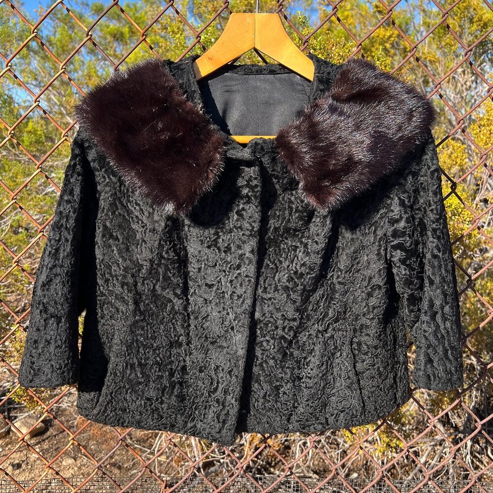 Vintage Curly Lamb Fur Coat Jacket with Mink Collar, Opera Length Provenzano